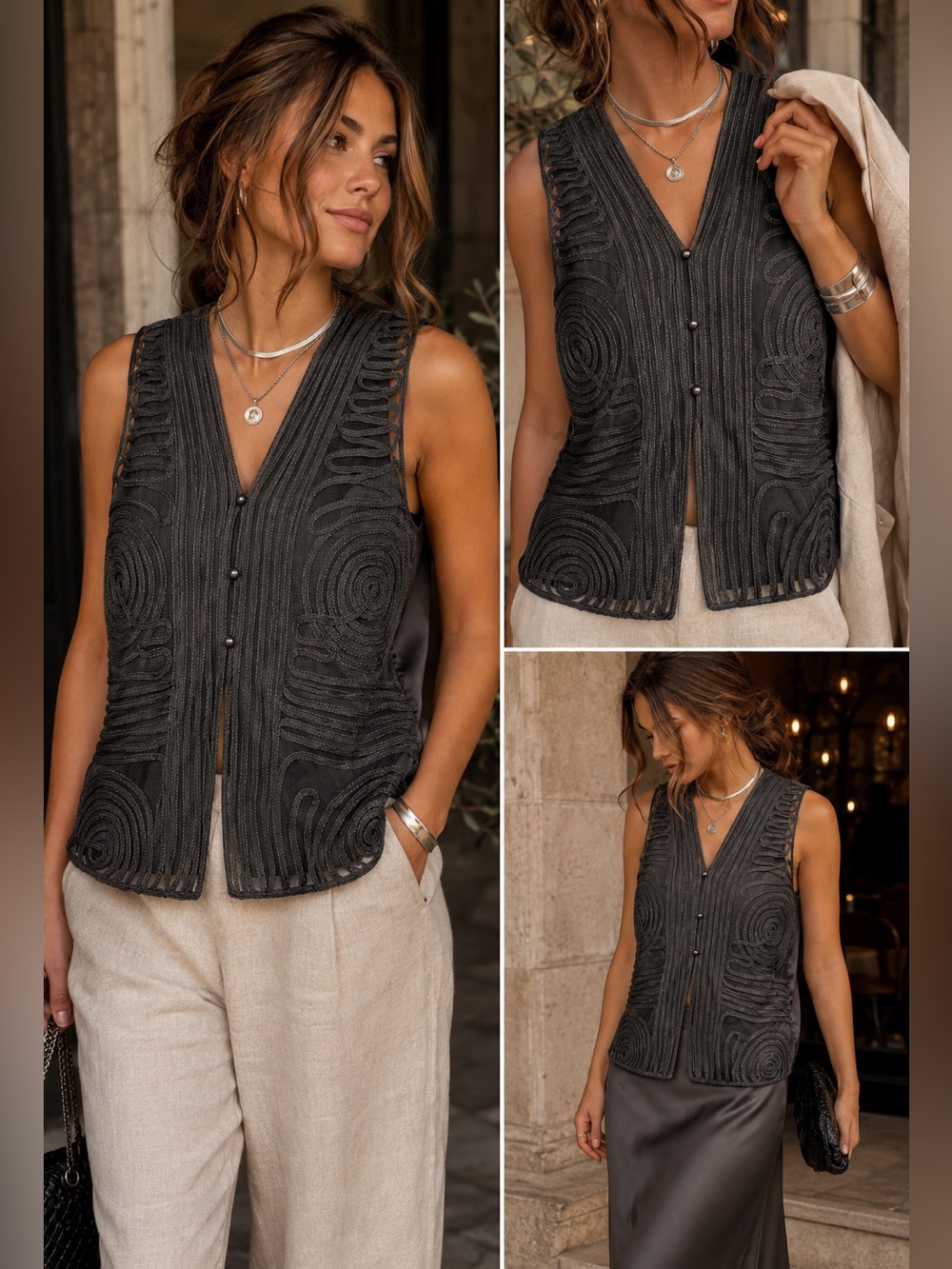 Valenti Franco Black Sheer Embroidered V-Neck Vest Top
